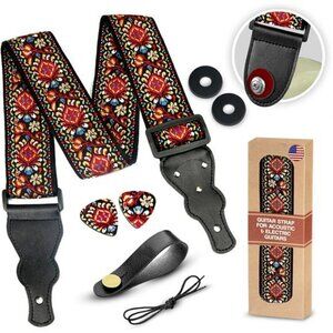 Guitar Strap Red Embroidered Adjustable with Strap Locks Picks Pick Pocket
